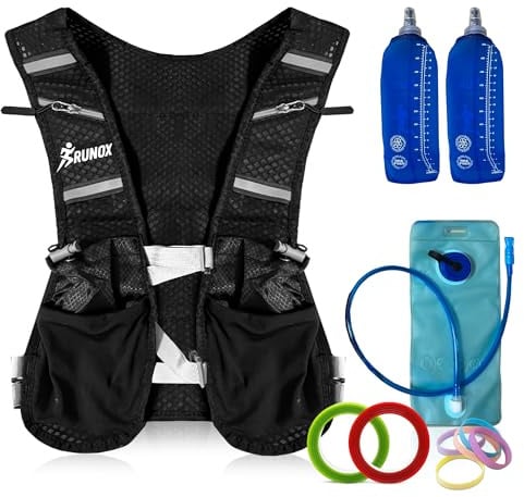 RUNOX Gilet Hydratation Running – Veste Running Homme/Femme Ultra-Légère avec 2× Gourdes 500 ML + Poche à Eau 2 L – Gilet Trail, Course à Pied, Sac Hydratation Running Ajustable et Respirant