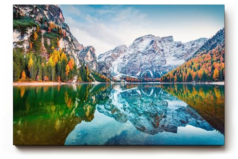 Sinus Art Wandbild 120x80cm Bunt gefärbte Herbstbäume spiegeln sich im ruhigen Bergsee vor alpiner Kulisse