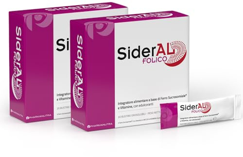 SiderAL Folico, Integratore alimentare con Ferro Sucrosomiale®, Quatrefolic®, Vitamine D3 e B12 Sucrosomiali®, In Gravidanza, Menopausa, Ciclo mestruale abbondante, 20 + 20 bustine orosolubili