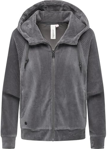 Ragwear Damen Cordjacke weiche Sweatjacke Zip-Hoodie Übergangsjacke aus weichem Kord in Samt-Haptik Corduly Cordy Stone Grey Gr. M