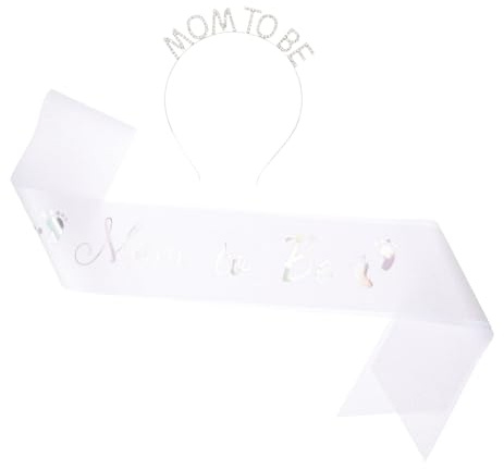 PENIKOKO Schärpe für Werdende Mutter mit Strass Tiara Weiß Stoff Metall Kombination Babyparty Zubehör für Schwangerschaftsfeier