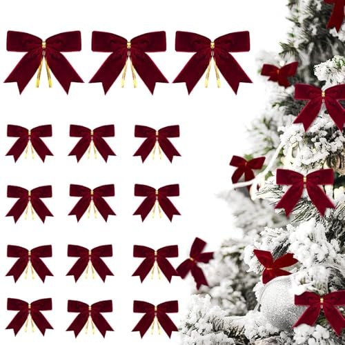 SMEILEE 15 pcs Wine Red Velvet Bows with Twist Ties for Christmas Tree Decorations Christmas Decorative Bows Christmas Bow Gift Wrapping DIY Crafts Wedding Decorative Xmas Decor Wreath Ornament