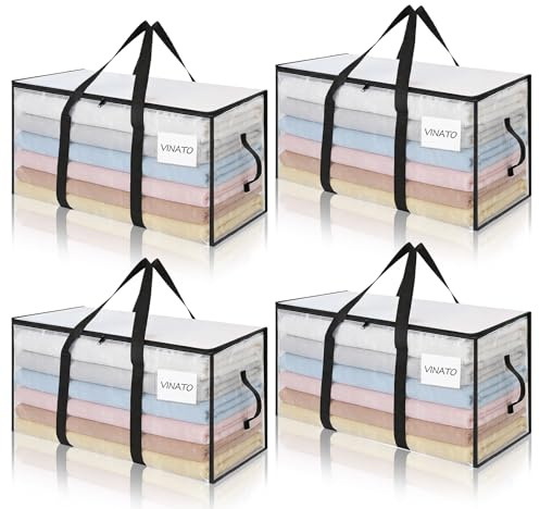 VINATO 4 Sacs de Rangement pour Couettes, Grands Sacs de Déménagement Transparents avec Poignées, Résistants à l'Humidité et à la Poussière - Stockage pour Vêtements, Maison