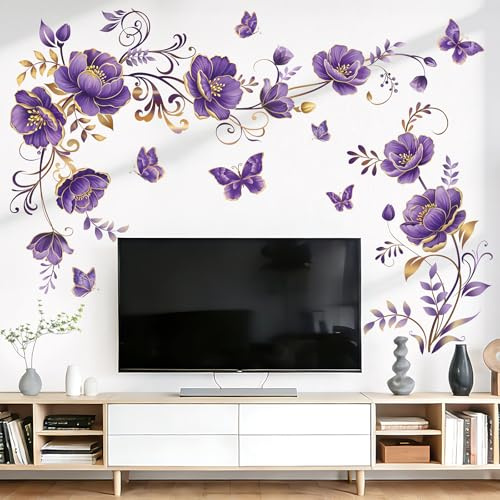 wondever Wandtattoo Lila Blumen Schmetterling Wandsticker Blumenranke Gold | Abziehen und Aufkleben, Abziehbar, Wandaufkleber Selbstklebend für Schlafzimmer Wohnzimmer Flur Sofa Hintergrund Wanddeko