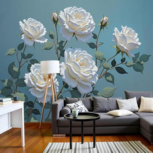 kfjhgbdshhj Papier peint photo floral, peinture à l'huile de fleurs vert menthe, grand tableau mural pour fond de télévision, décoration 3D pour salon, roses blanches et feuilles, 400 cm x 280 cm