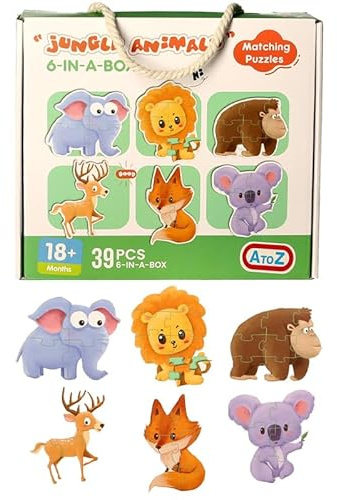 A to Z Jungle Animals Matching Jigsaw Puzzle, 6-in-a-Box Set, 39 Pieces, for Ages 18 Months and Up