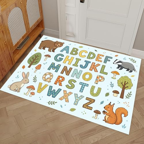 DUOTCYELE Zerbino Con Animali Lettere Inglesi, Zerbino Stile Cartone Animato Carino Interni, Tappetino per Porta Anteriore Posteriore, Decorazione per La Casa, Tappeto Da Blu, 50 x 80 cm