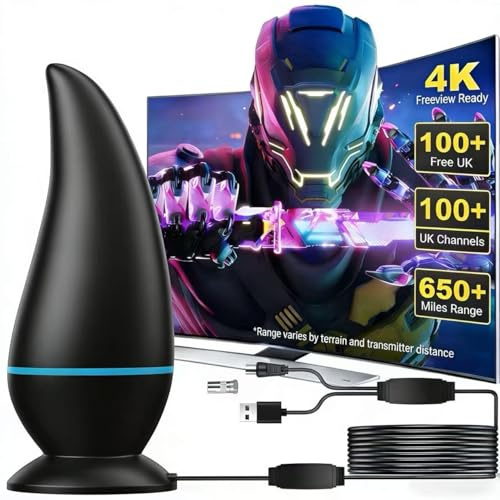 indoor tv aerial, 650+ Miles Freeview Antenna with Signal Booster, 16FT Coaxial Cable, 4K 1080P HDTV Aerial for Smart TV, VHF UHF DAB, Plug and Scan tv aerial indoor for Home Bedroom Flat