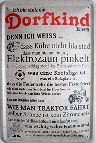 Blechschild 20x30cm gewölbt - Ich bin stolz ein Dorfkind zu sein Fussball Feuerwehr Traktor Freizeit