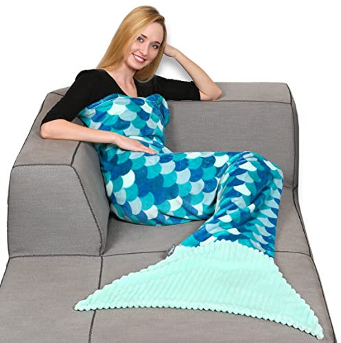 Kanguru Meerjungfrau-Decke Türkis, mit Langer Flosse zum Hineinstecken der Füße, Länge 200 cm, weiche Fleece-Decke, lustige Geschenkidee für Frauen oder Mädchen, ideal für Weihnachten, Geburtstag