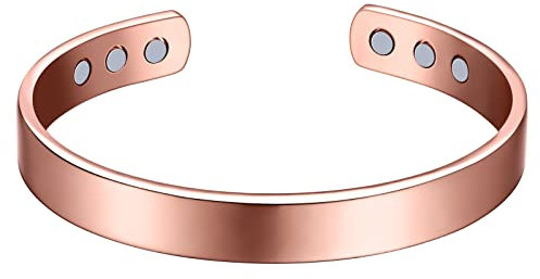 Flongo Bracelet Jonc en Cuivre pour Femme Manchette Ouvert Pierre Magnétique Polissage Rose Or Bijoux Cadeau de Fête des Mères