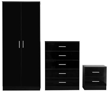 Reflect 3 Piece Bedroom Furniture Set - Double PLAIN Wardrobe + Tallboy Chest of 5 Drawers + 2 Drawer Bedside (Black Gloss/Black Oak)