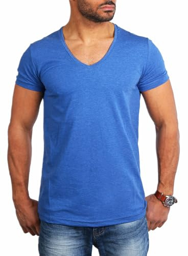 Young & Rich Herren Uni T-Shirt Basic mit extra tiefem V-Ausschnitt Slimfit deep V-Neck Stretch dehnbar 1315
