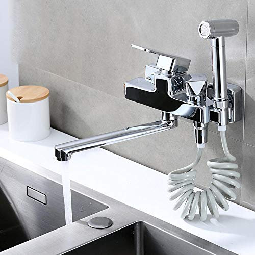 robinet mural avec douchette, pistolet, double trou, chromage cuivré, évier de cuisine, évier de lessive, mitigeur eau chaude/froide-Chrome C