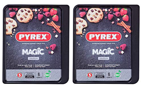 Pyrex Magic Rectangular Baking Tray Easy Grip Non Stick Coating 33 x 25cm Black (Pack of 2)