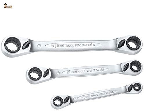 BricoLoco Juego 3 llaves carraca 4 en 1. ¡¡ 3 llaves = 12 tamaños !!.. Tres llaves de doble anillo. Carraca de 72 dientes profesional. Estuche de nylon. Bihexagonal