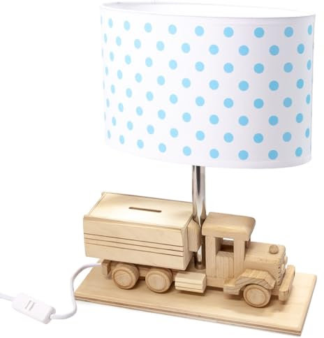 HELLUX Nachtlicht Baby mit Sparschwein aus Holz | LED Tischlampe Kinderzimmer mit Auto-Design | Nachttischlampe Kinder 32x27x14 cm für Babyzimmer | Kinder Lampe E27 (Blauen Punkten)