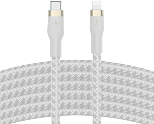 Belkin BoostCharge Pro Flex geflochtenes USB-C/Lightning-Kabel, 3 m, MFi-zertifiziert, 20 W, zum Schnellladen mit PD Power Delivery für Geräte wie iPhone 14/14 Plus, 13, 12, Pro, Max, mini – Weiß