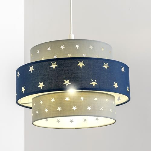 CGC Lighting Kinder-Lampenschirm, Projekte, Sternmuster, einfache Montage, Hängelampenschirm, Kinderzimmer, Spielzimmer, Spielzeugzimmer, Kinderraum (Grau mit blauem Band)