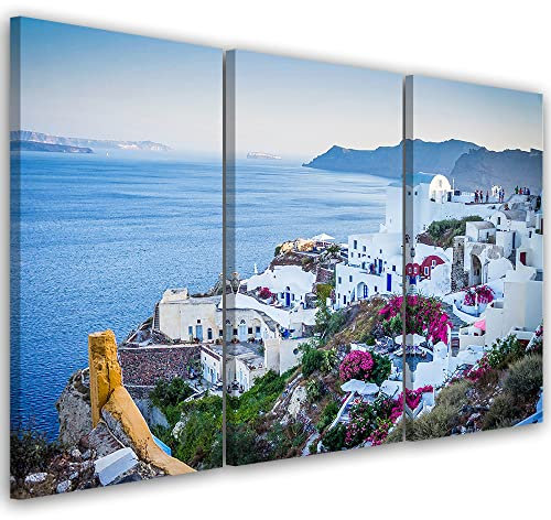 Feeby 3-teilig Leinwandbild XXL 120x80 cm Meer Griechenland Wellen Himmel Wandbild Kunst Bilder Schlafzimmer Deko Wohnzimmer Sonnenuntergang Santorin Insel;; Blau