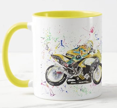 Vixar Motorbike Watercolour Art Coloured Mug Cup Gift Birthday Work Office Christmas Tea Coffee (Yellow)
