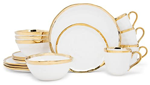 Elanze Designs 16-teiliges Geschirr-Set mit metallischen Blasen, Porzellan, Keramik, Teller, Schüsseln, Tassen, Geschirr-Set – Service für 4 Personen, Weiß mit goldenen Akzenten