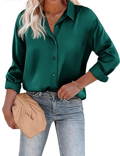 Beyove Damen Bluse Satin Seide V-Ausschnitt Hemden Elegant Langarm Business Oberteile mit Knöpfen Tops Lose Langarmshirt Dunkelgrün XXL