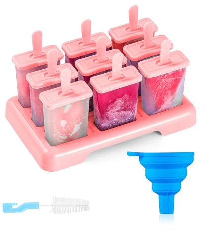 ANSMIO Eisformen 9 Eisförmchen wiederverwendbar Eis am Stiel Formen Eiscreme Formen DIY Ideen Eis am Stiel BPA Frei - kommt mit einer Reinigungsbürste und Silikon Falttrichter(Neu Rosa)