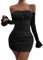Zesoyne Women Off The Shoulder Ruched Bodycon Mini Dress Flounce Long Sleeve Tie Front Short Club Dresses Medium Black