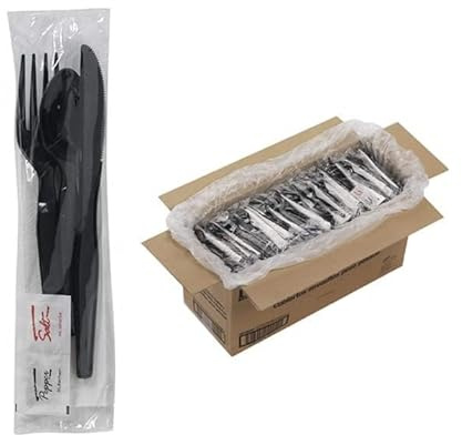 250 Plastic Cutlery Packets - Knife Fork Spoon Napkin Salt Pepper Sets | Black Plastic Silverware Sets Individually Wrapped Cutlery Kits, Bulk Utensil Cutlery Set Disposable To Go Silverware