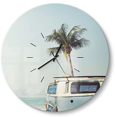 DEQORI Glasuhr | rund Ø 50 cm | Motiv Surfer-Bus am Strand | große XXL Design Uhr aus Glas | leise Wanduhr für Wohnzimmer & Küche | Moderne Hingucker Uhr für die Wand