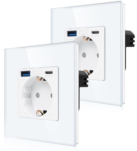 2er-Pack CNBINGO Einzelsteckdose mit 2× USB-Anschluss (20W Schnellladen) - 1× (Typ-C und USB-A) - Einfach Glas Schuko Steckdose Unterputz - Weiß Wandsteckdose mit Kindersicherung
