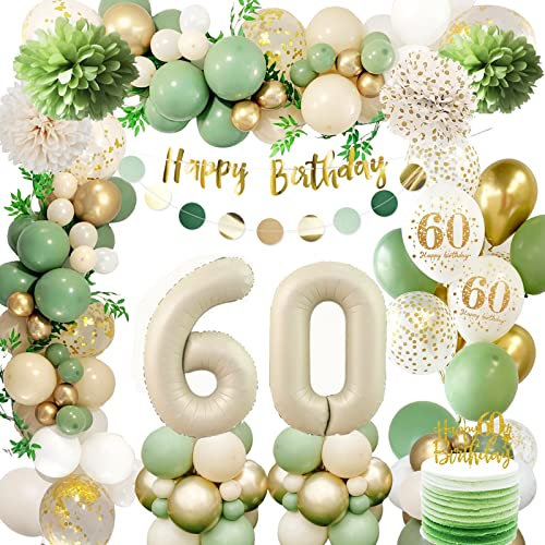 60 Geburtstag Deko Frauen,Geburtstagsdeko 60 Männer,60 Geburtstag Luftballon Grün Gold mit Happy Birthday Banner,Pompoms für Frau Mann Luftballon60