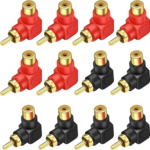 Warmstor RCA Male to Female Connectors Right Angle 12-Pack, RCA M/F Adapters 90 Degree Elbow Gold-Plated (6 Black + 6 Red)