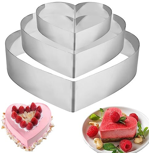 Fizdoqg 3 Stück Tortenring 10/15 /20 cm Tortenring Edelstahl Tortenring Set Backrahmen Backring Kuchenring Rund Feste Tortenring für Zubereitung von Kuchen und Gebäck, Herz