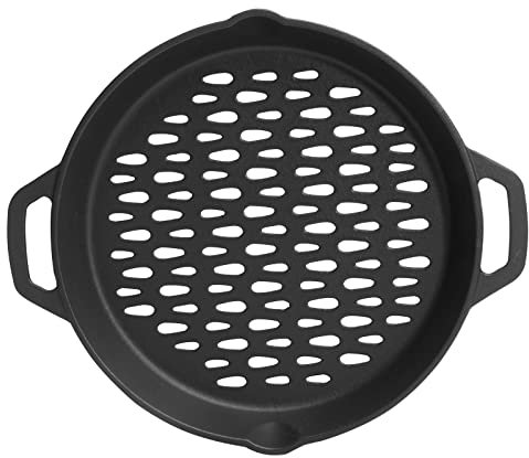 MOASKER Runde Gusseisen-Grillkörbe für alle Holzkohle-Räucher- und Gasgrills, 30,5 cm, antihaftbeschichtet, Gusseisen-Grillpfanne, zum Kochen von Gemüse, Fleisch, Fisch, Doppelgriff, Grillkorb für