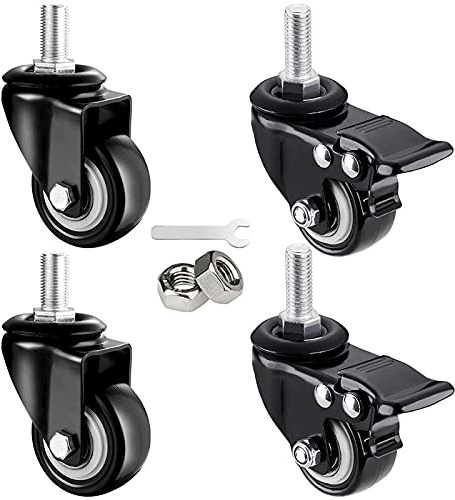 HCZION Ruedas giratorias de vástago Giratorio de 70 mm, para Muebles, con Pernos | M8, M10 | Ruedas universales silenciosas de Poliuretano de 15/25 mm, 4 Piezas (2 con Freno y 2 sin Freno)