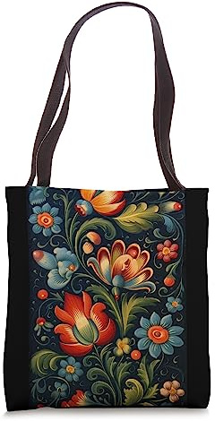 Traditional Norwegian Rosemaling Folk Art Tote Bag