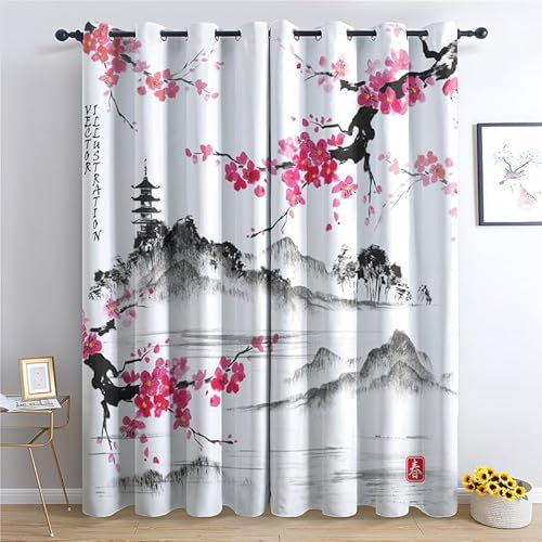 JHAHZJ Rideau Occultant Fleurs De Cerisier Japonais, Rideaux Thermiques à Oeillets pour Salon Chambre Fenetre, Motif Japon Rideaux Lot De 2 Moderne Décoration De Fenêtre, 140x160 cm (L x H)