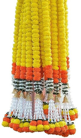 Tia Crafts Handgefertigte dekorative Ringelblume Jasmin Glocke künstliche flauschige Girlande für Hauseingang Pooja Dekoration (Gelb Orange Glocke Set von 2)