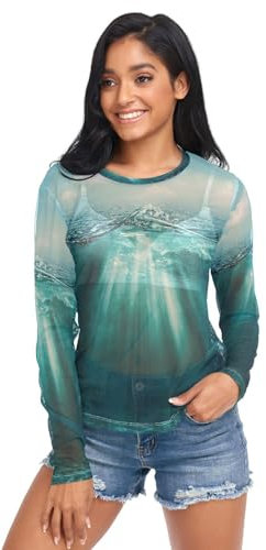 Linternas De Arte Verde Mujer Mangas Largas Blusa Sexy Camiseta Transparente Mesh Tops T-Shirt Pullover