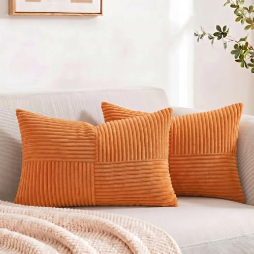 FDTERN 2er Set Orange Kordsamt Kissenbezug 40x60CM Weich Moderne Dekorative Kissenbezüge Kissenhülle Dekokissenbezug Sofakissen Dekokissen Boho Herbst Deko für Sofa Schlafzimmer Wohnzimmer Balkon