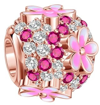 BIZK Rosa & Rund Blumen Charm Anhänger für Armband 925 Sterling Silber Charm Bead Pendant für Europäische Armbänder und Halsketten