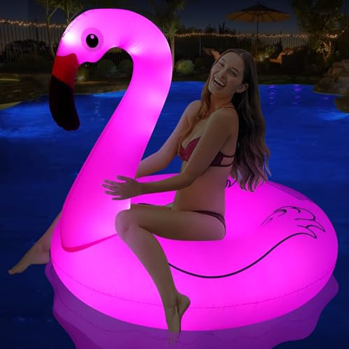 DeeprBling Aufblasbar Flamingo Schwimmring mit Lichtern, Solarbetriebener Schwimmreifen Flamingos, Großer Pool Flamingo-Schwimmringe für Erwachsene, Wasser Pool Flamingo Luftmatratze (106x106x100 cm)