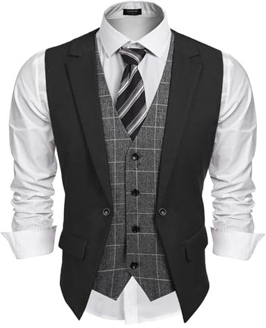 COOFANDY Herren Layered Suit Weste Business Kleid Westen formelle Hochzeit Weste Slim Fit, Schwarz Plaid , Large