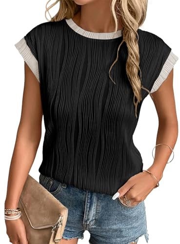 Gemulate Ladies Clothes Women Short Sleeve Work Tops for Women UK Casual Round Neck Ladies Tops Blouses Tees Solid Cap Sleeve t Shirts T Black White M