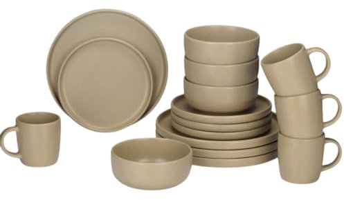 alpina Service de Table 16 Pièces - Ensemble de Vaisselle pour 4 Personnes - Vaisselle en Faïence - Assiettes à Petit Déjeuner, Assiettes à Dîner, Bols et Tasses - Sable