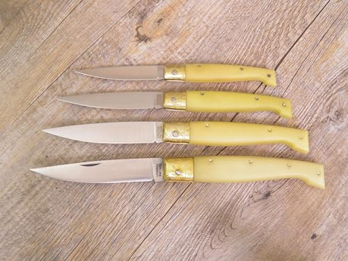Generico COLTELLO SARDEGNA SARDO ORIGINAL PATTADA MANICO IN RESINA gialla lama dolce al carbonio 4 dimensioni a scelta incisione gratuita come immagine (21,5 Cm)