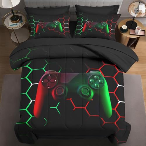 WeCozy 5 Pcs Twin Size Comforter Set with Pillowcase & Sham, Retro Neon Game Bedding Set for Kids and Adults, Gaming Gamepad Bed in a Bag with Flat Sheet and Fitted Sheet