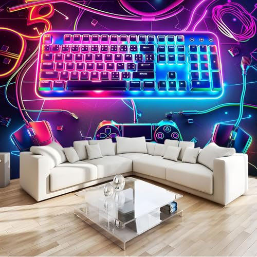 Neon Farbe Tapeten Vliestapete 250 x 175cm Gaming-Tastatur-Gamepad Fototapete Wohnzimmer Schlafzimmer Wandtapete Moderne Wanddeko 3D Design Wand Poster Dekoration